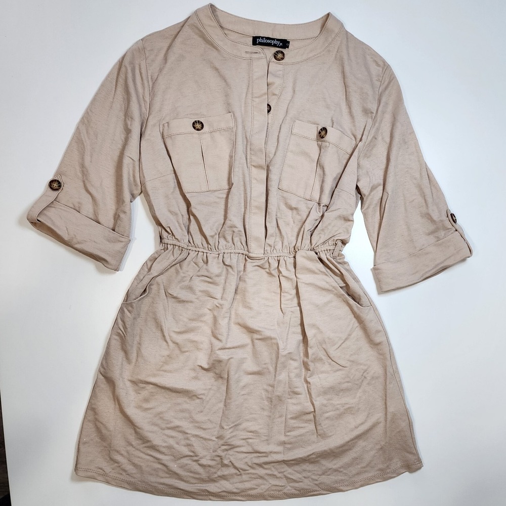 PHILOSOPHY Dress Womens Large Cargo Tan Pockets‎ Utility Mini Shirt Neutral Fall